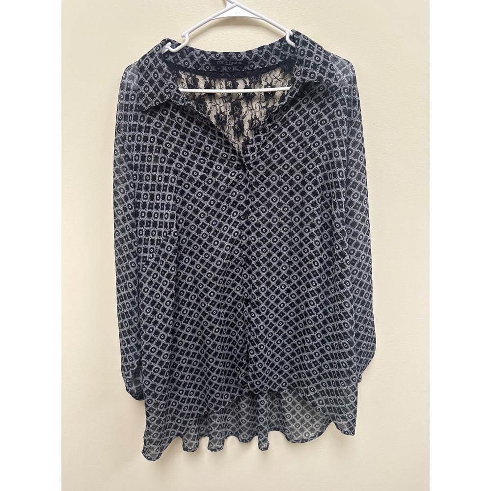 Zac & Rachel Woman Plus Size 2X Black White Geometric Lace Back Blouse Top
